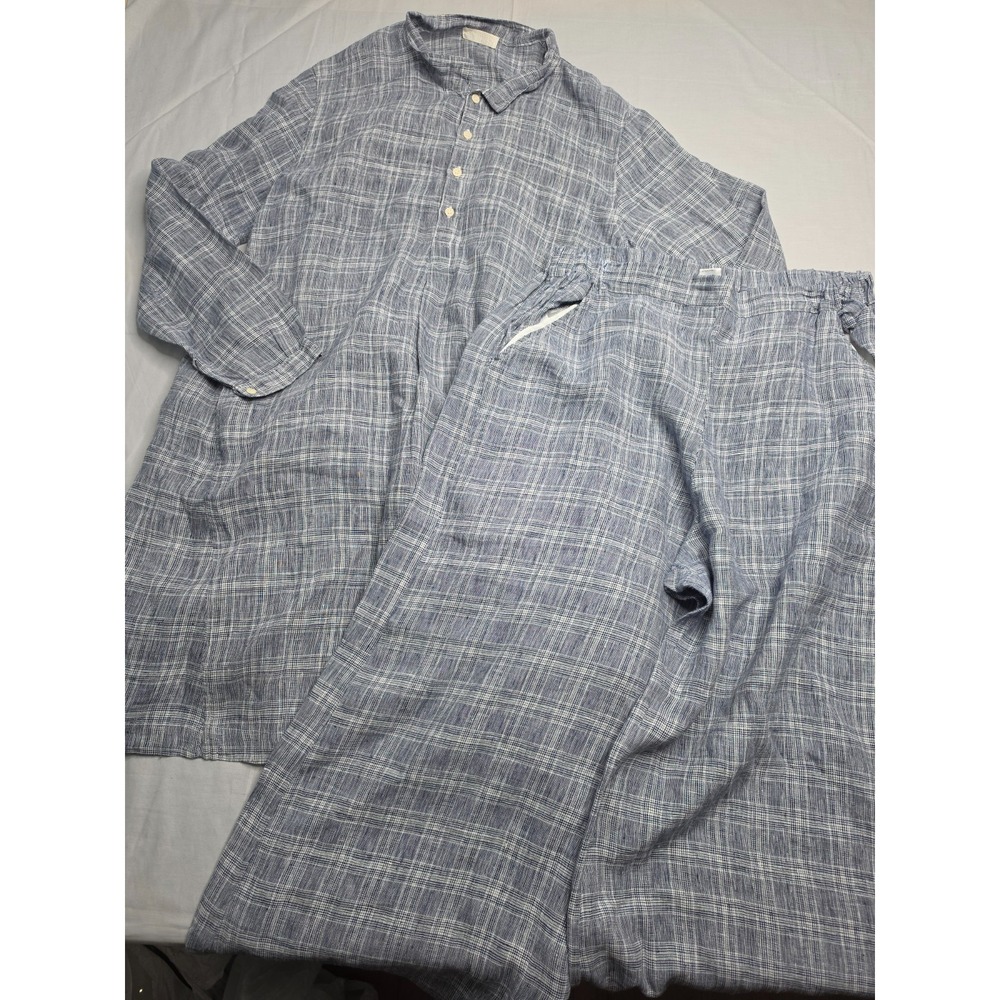 CP Shades 2-Piece Set Women's Large Blue Houndstooth 100% Linen Wide Leg Casual